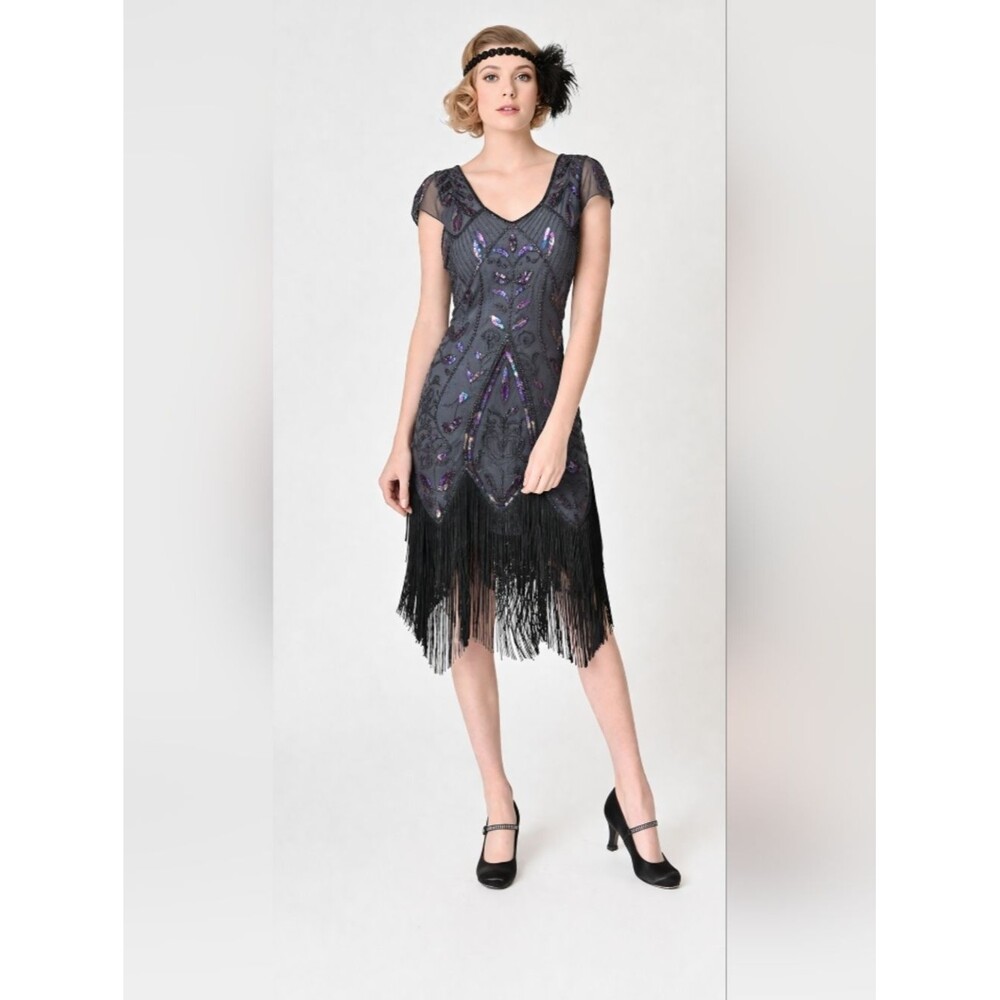 Unique Vintage Black And Rose Beaded Fringe Dress Size XL NWT P2P 22 In